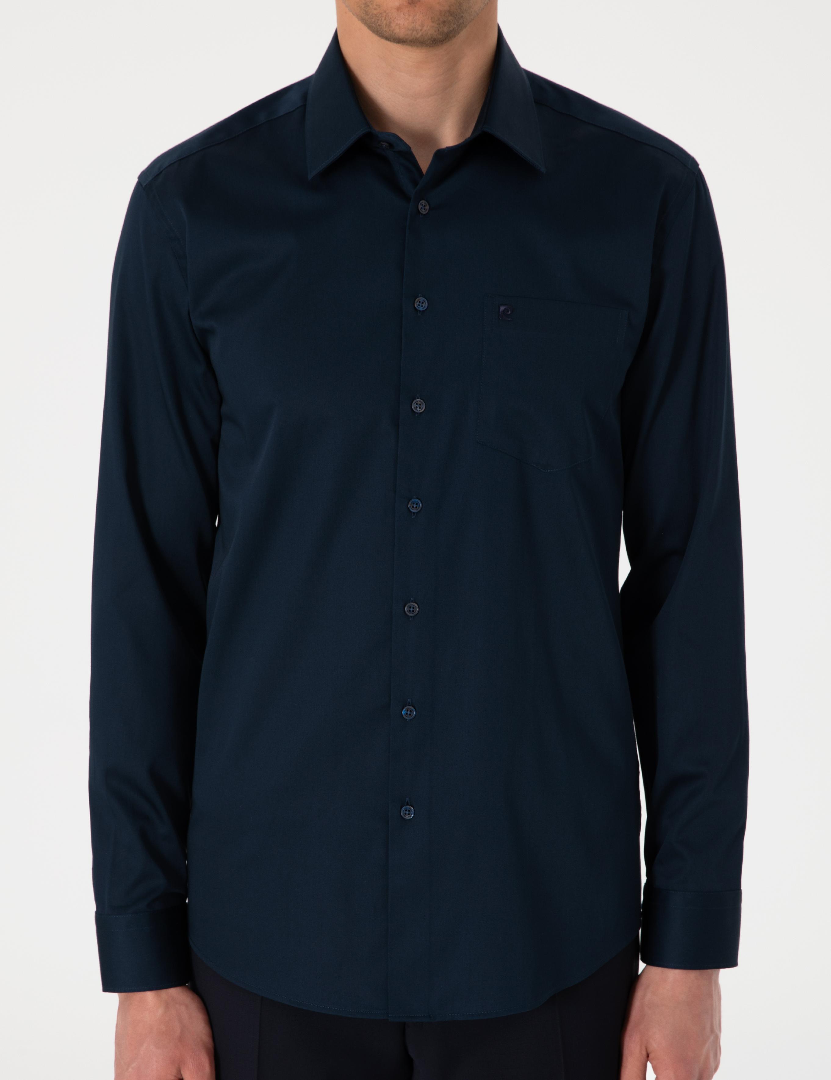 Lacivert Parlak Saten Regular Fit Uzun Kollu Basic Gömlek