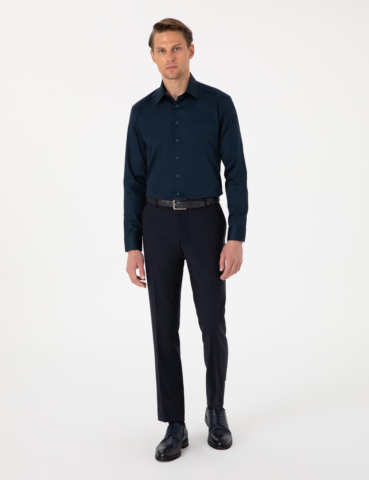 Lacivert Parlak Saten Regular Fit Uzun Kollu Basic Gömlek - 50302972033