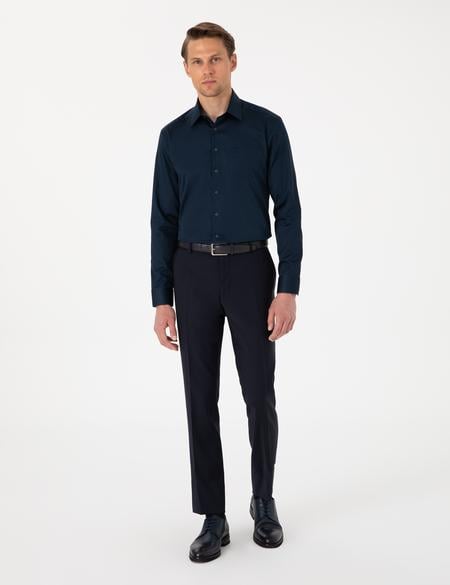 Lacivert Parlak Saten Regular Fit Uzun Kollu Basic Gömlek - 50302972033