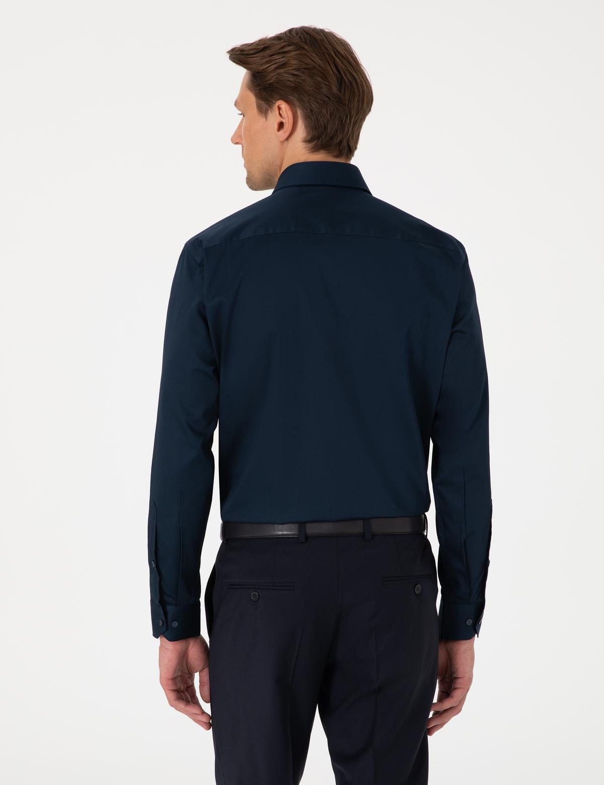 Lacivert Parlak Saten Regular Fit Uzun Kollu Basic Gömlek - 50302972033