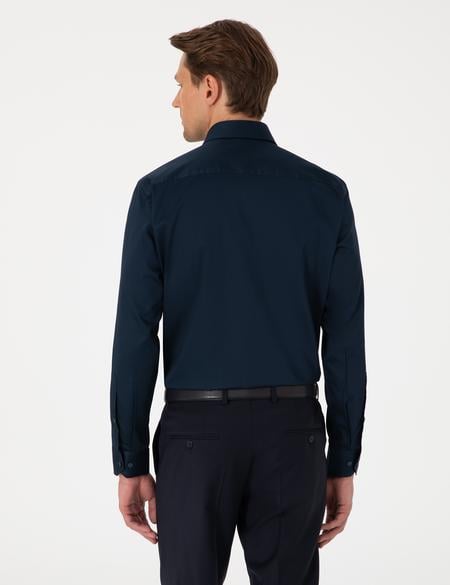 Lacivert Parlak Saten Regular Fit Uzun Kollu Basic Gömlek - 50302972033