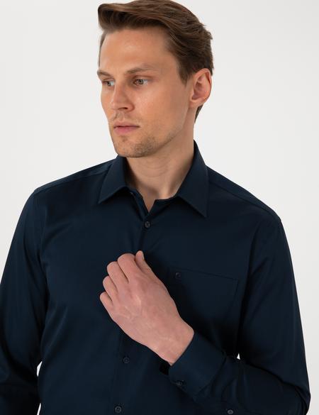 Lacivert Parlak Saten Regular Fit Uzun Kollu Basic Gömlek - 50302972033
