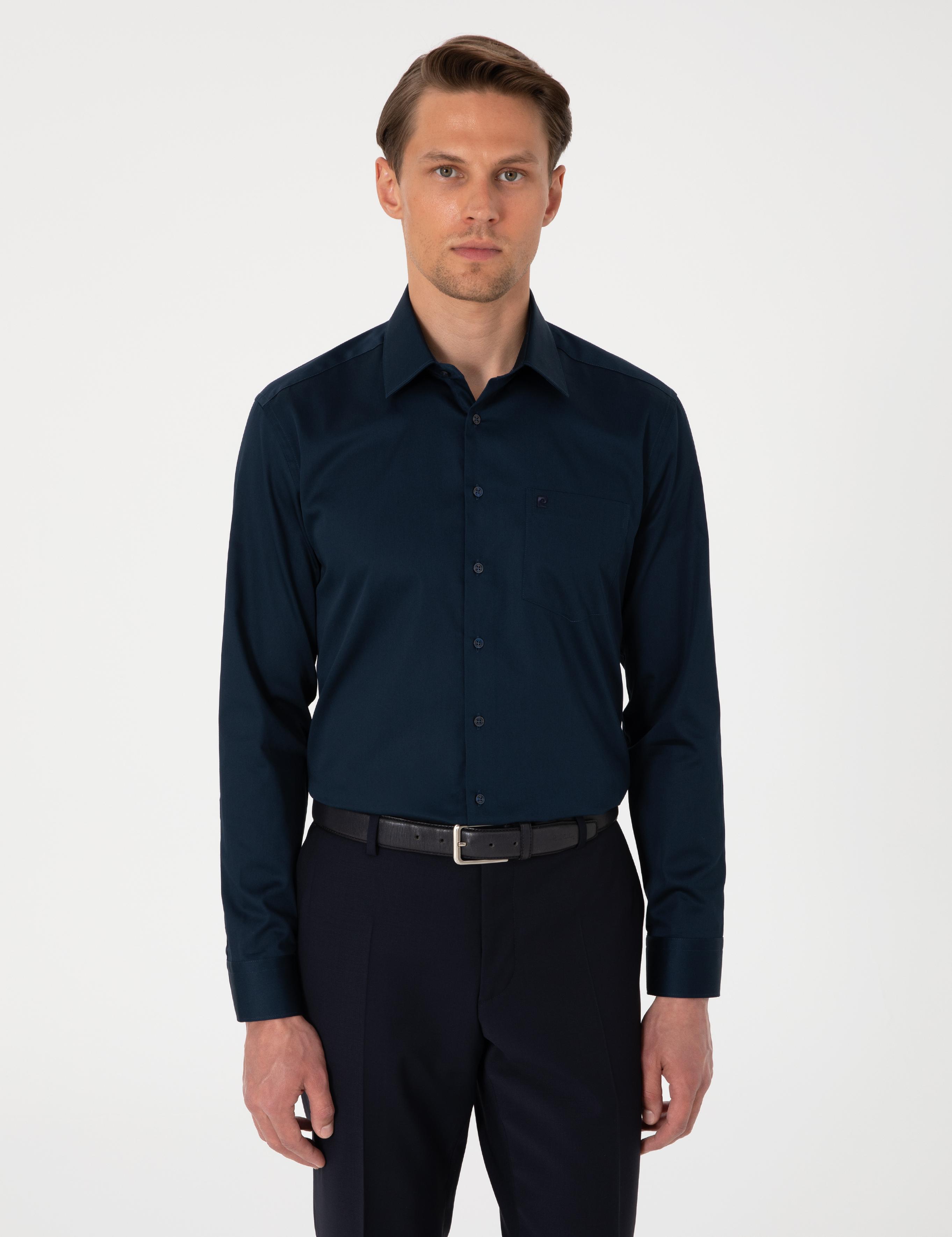 Lacivert Parlak Saten Regular Fit Uzun Kollu Basic Gömlek