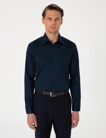 Lacivert Parlak Saten Regular Fit Uzun Kollu Basic Gömlek - 50302972033