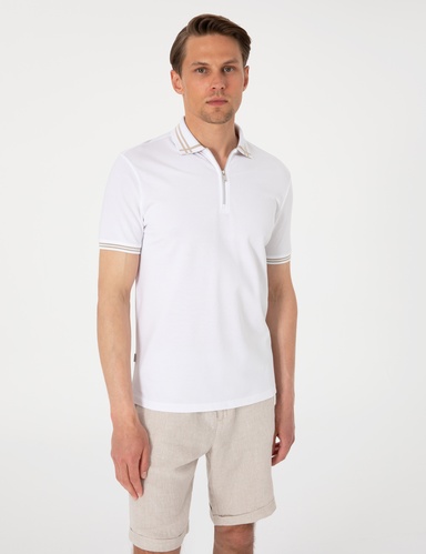 Beyaz Slim Fit %100 Pamuk Fermuarlı Polo Yaka Tişört