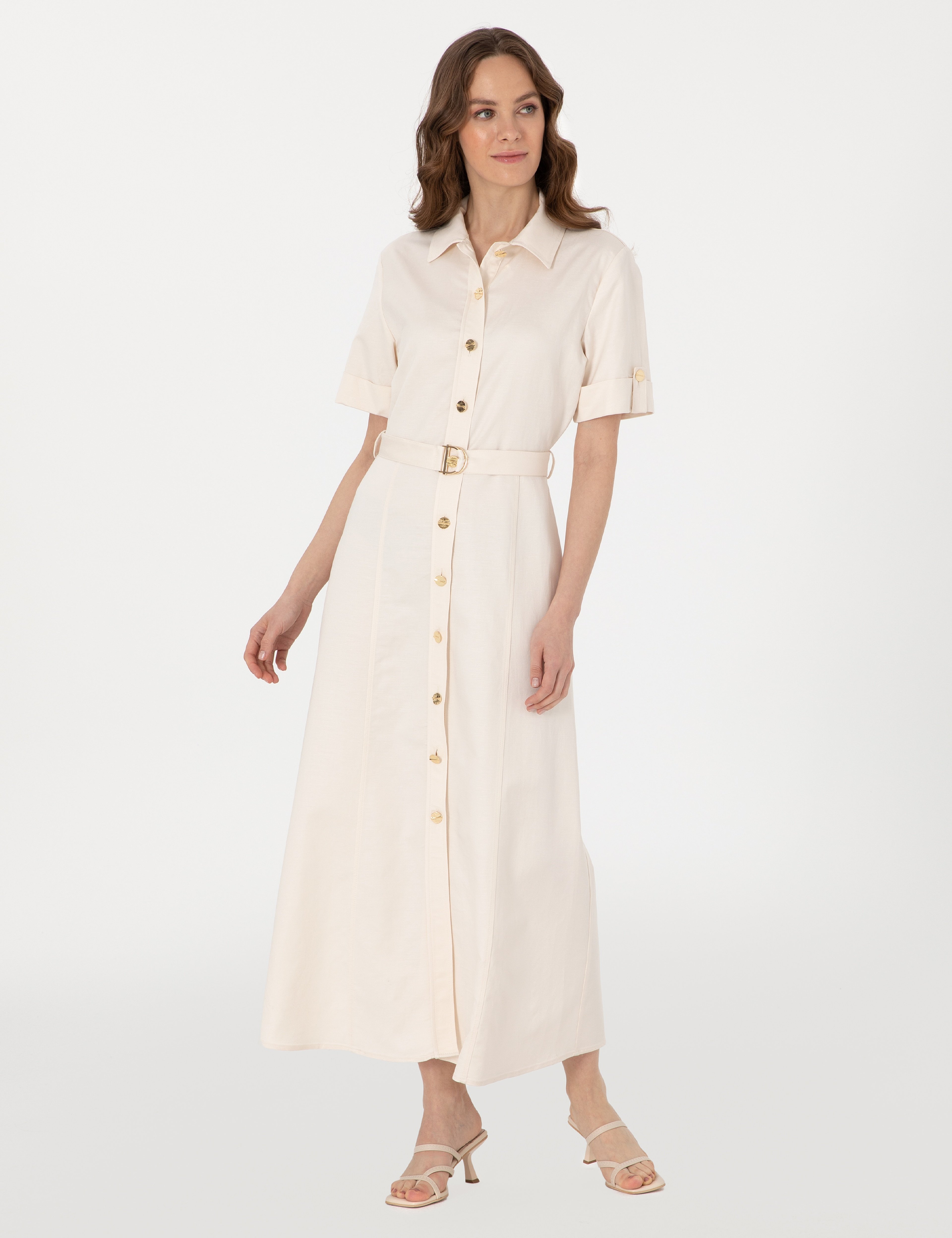 Ekru Regular Fit Dokuma Elbise - Image 1