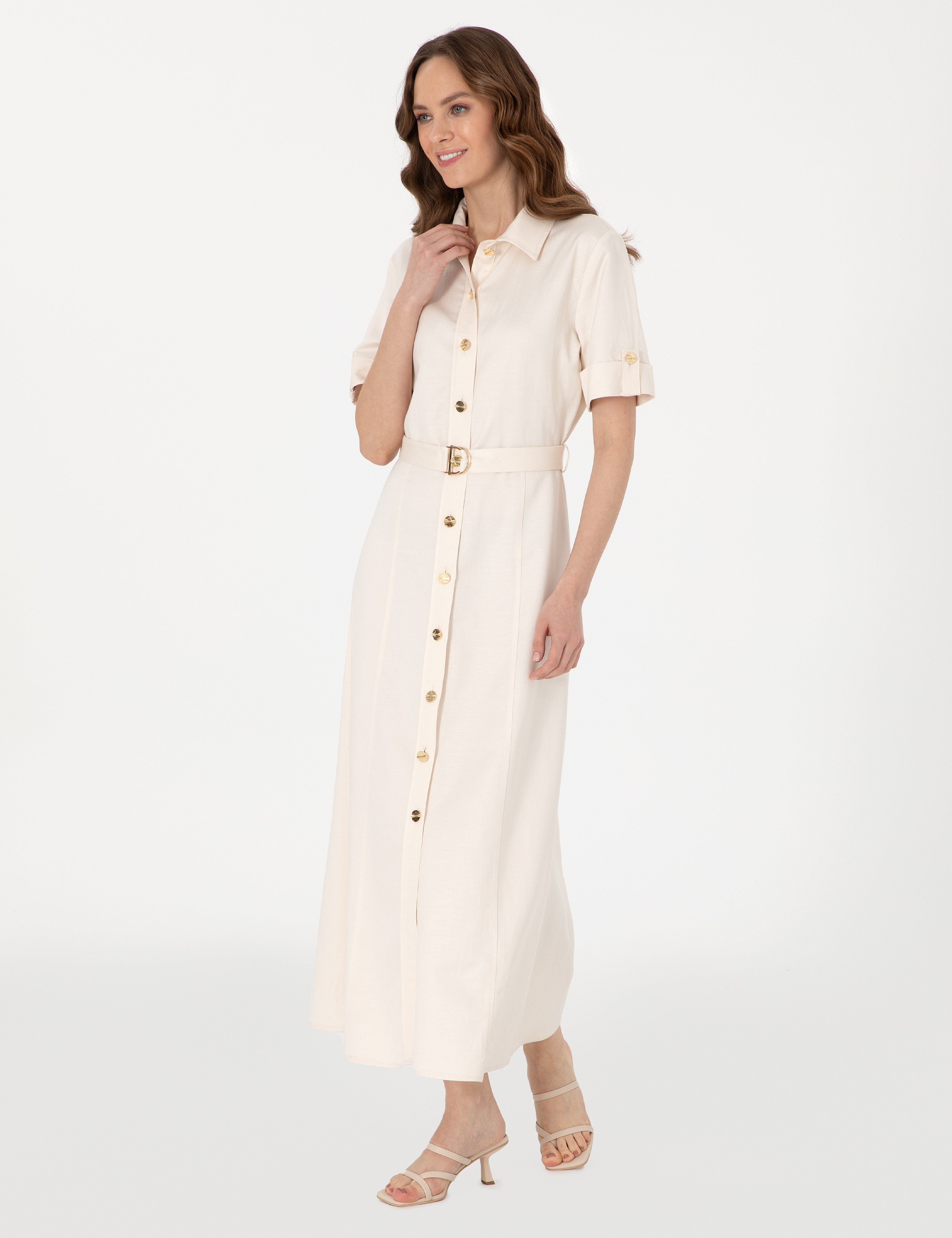 Ekru Regular Fit Dokuma Elbise - Image 3