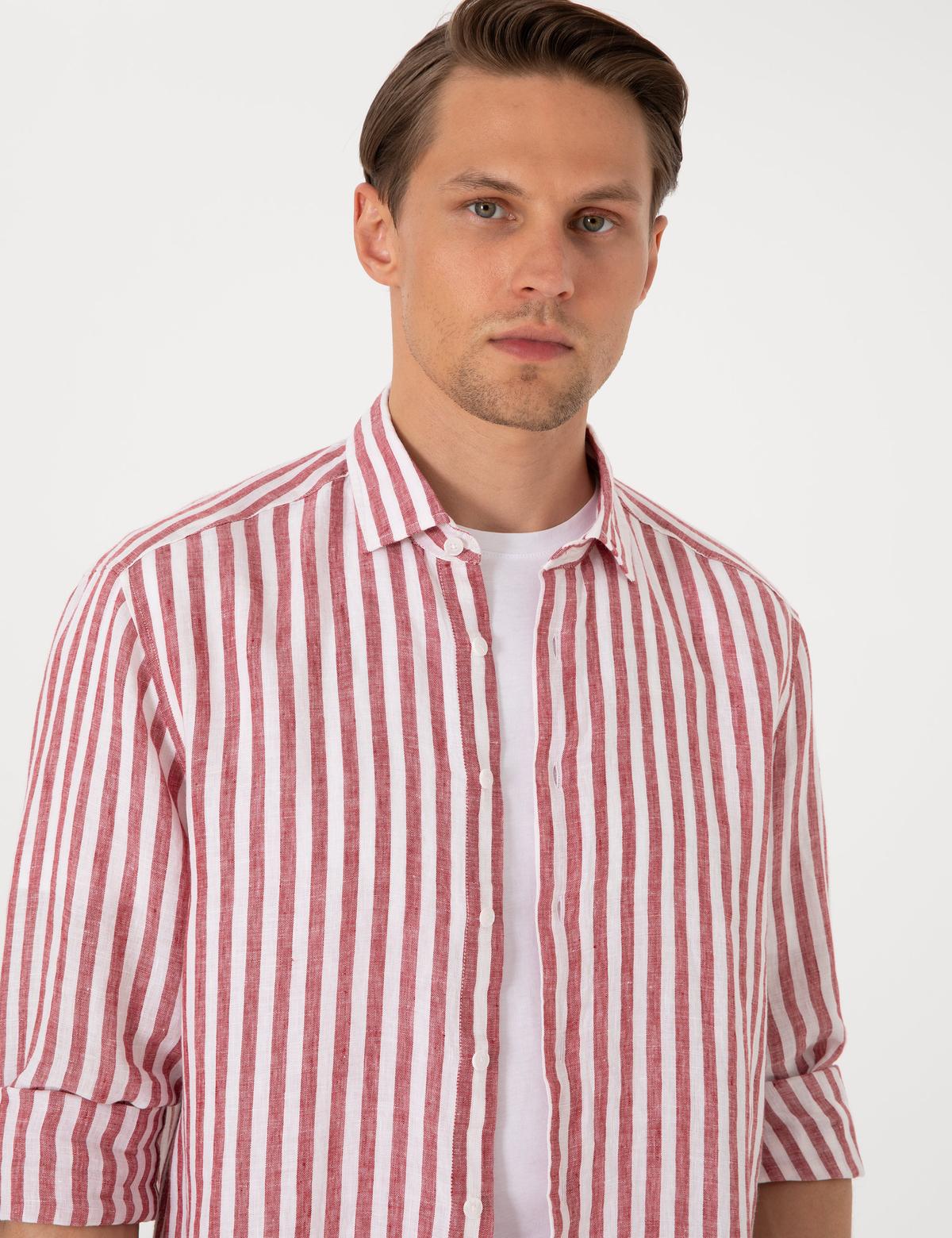 Nar Çiçeği %100 Keten Çizgili Regular Fit Uzun Kollu Gömlek - 50304531055