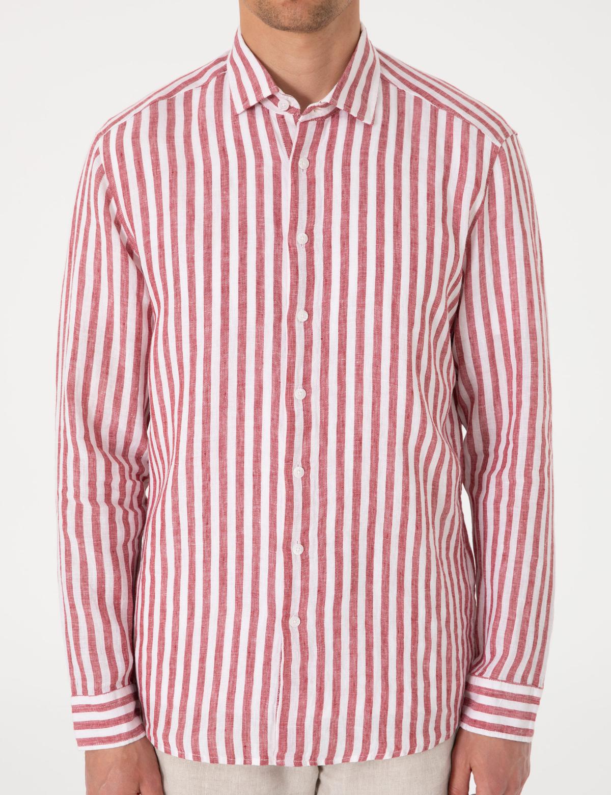 Nar Çiçeği %100 Keten Çizgili Regular Fit Uzun Kollu Gömlek - 50304531055