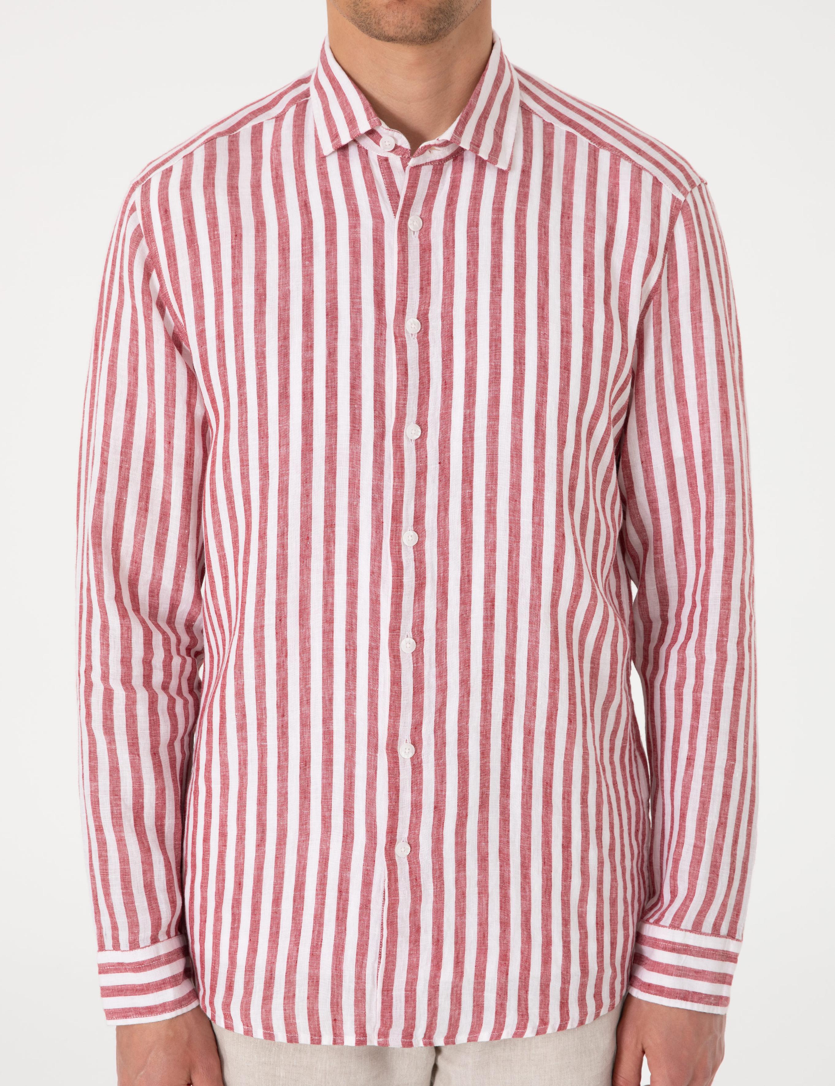 Nar Çiçeği %100 Keten Çizgili Regular Fit Uzun Kollu Gömlek