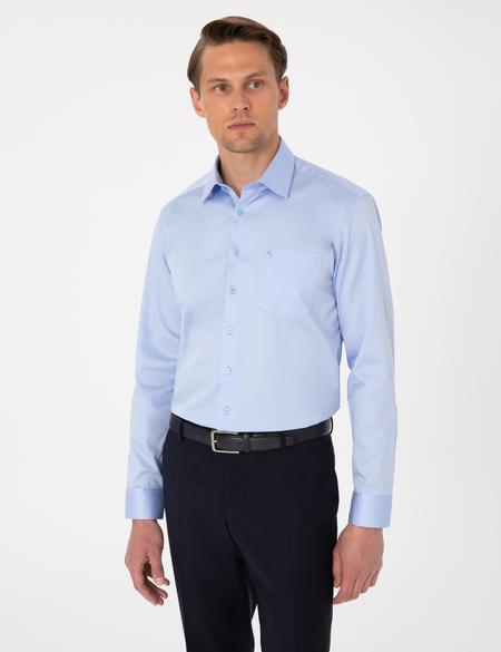 Koyu Mavi Parlak Saten Regular Fit Uzun Kollu Basic Gömlek - 50302972024