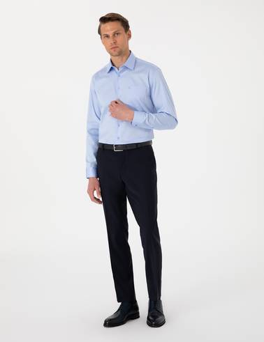 Koyu Mavi %100 Pamuk Parlak Saten Regular Fit Uzun Kollu Basic Gömlek