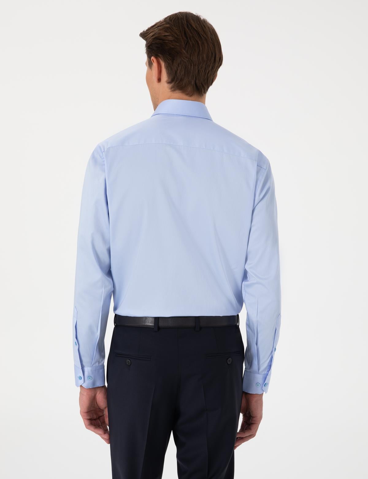 Koyu Mavi Parlak Saten Regular Fit Uzun Kollu Basic Gömlek - 50302972024