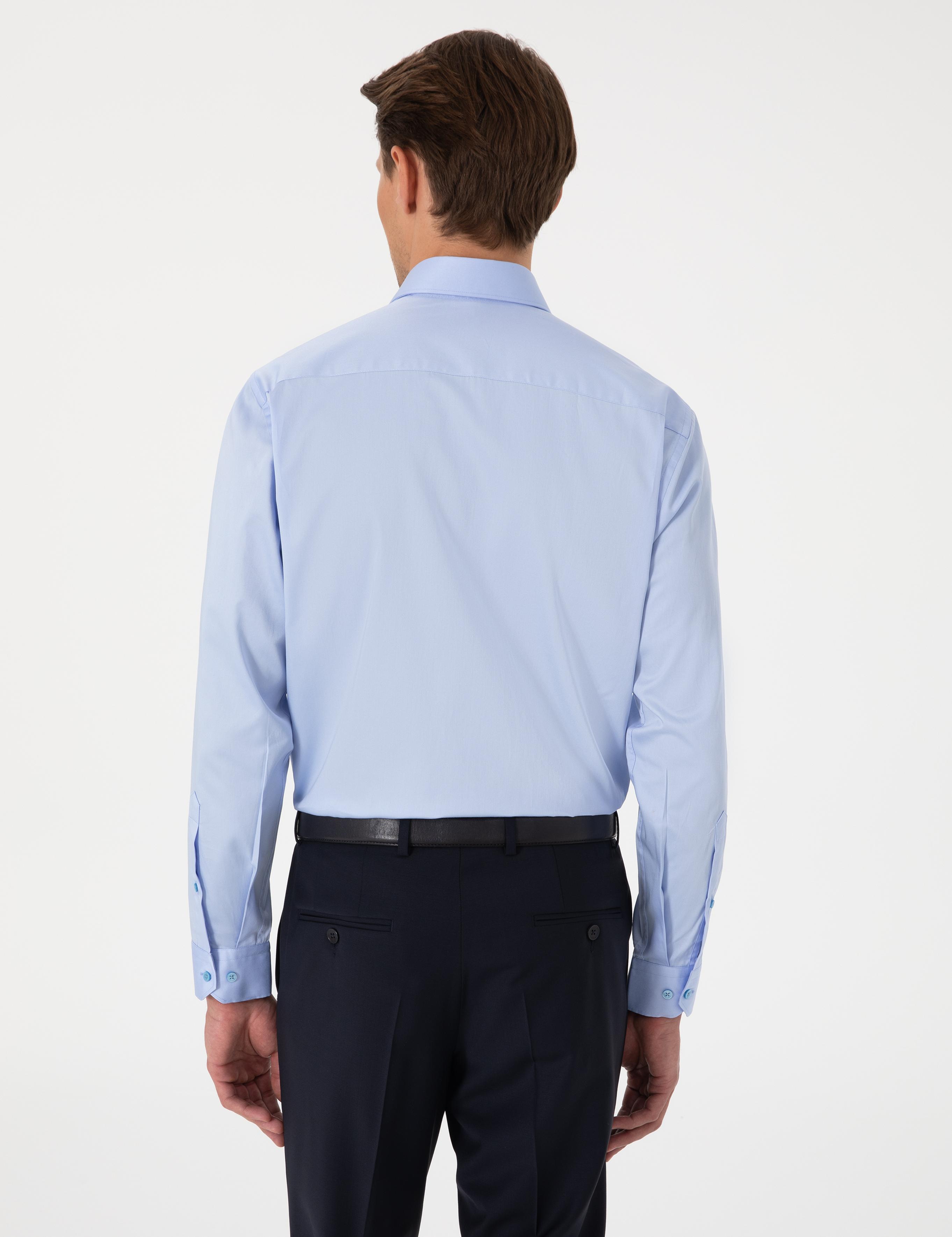 Koyu Mavi Parlak Saten Regular Fit Uzun Kollu Basic Gömlek