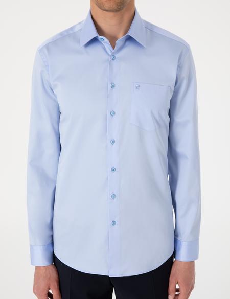 Koyu Mavi Parlak Saten Regular Fit Uzun Kollu Basic Gömlek - 50302972024