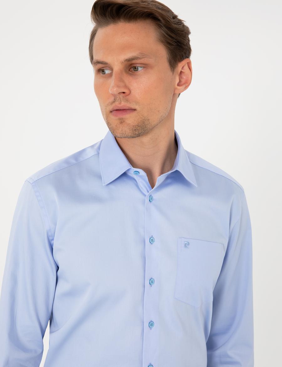 Koyu Mavi Parlak Saten Regular Fit Uzun Kollu Basic Gömlek