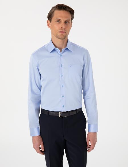 Koyu Mavi Parlak Saten Regular Fit Uzun Kollu Basic Gömlek - 50302972024