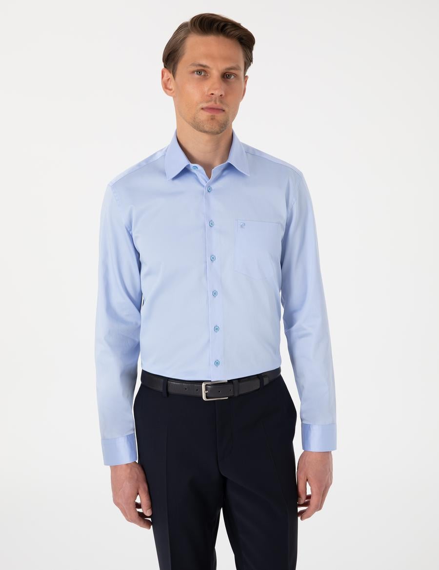 Koyu Mavi Parlak Saten Regular Fit Uzun Kollu Basic Gömlek