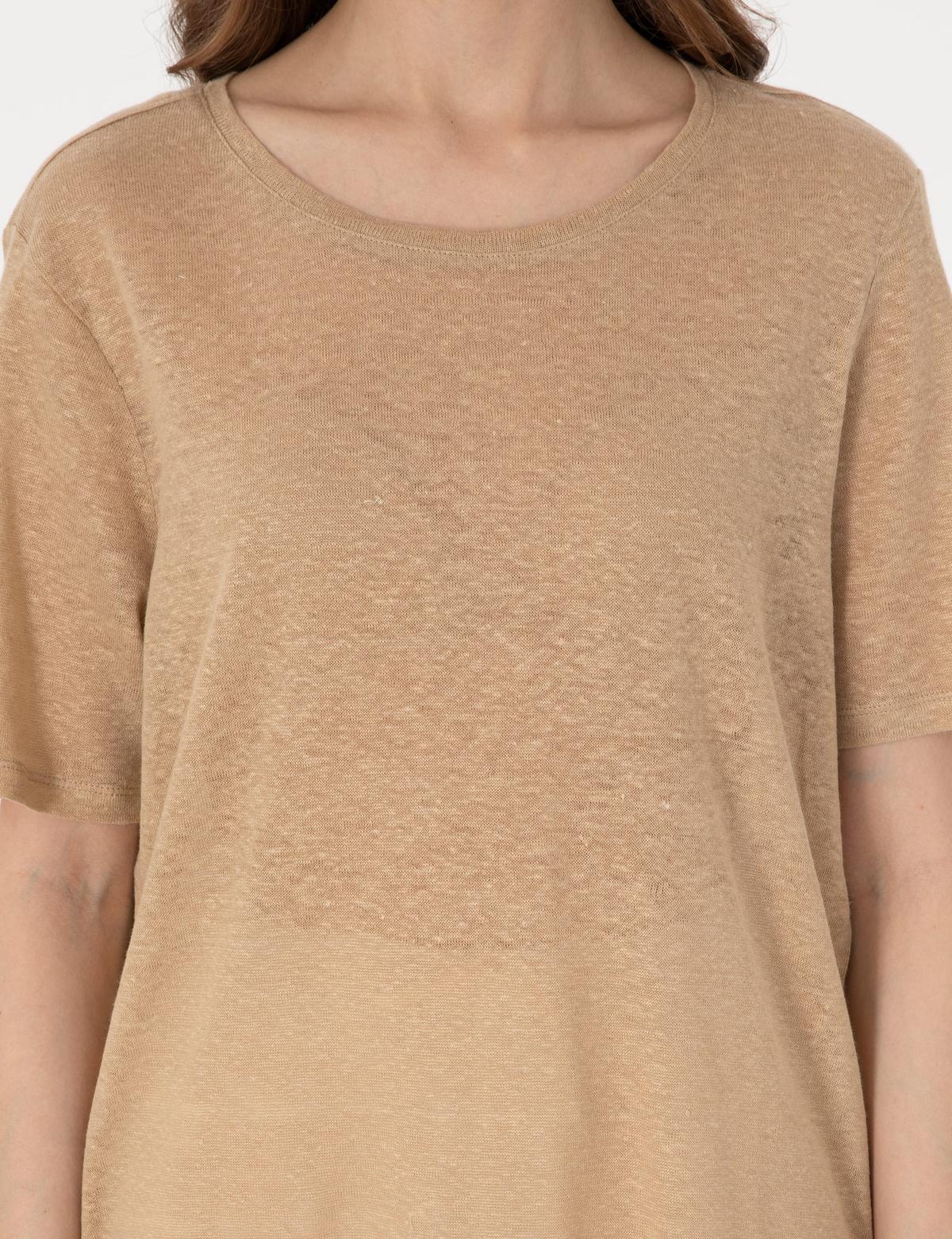 Bej Comfort Fit Keten Tişört - 50306229011