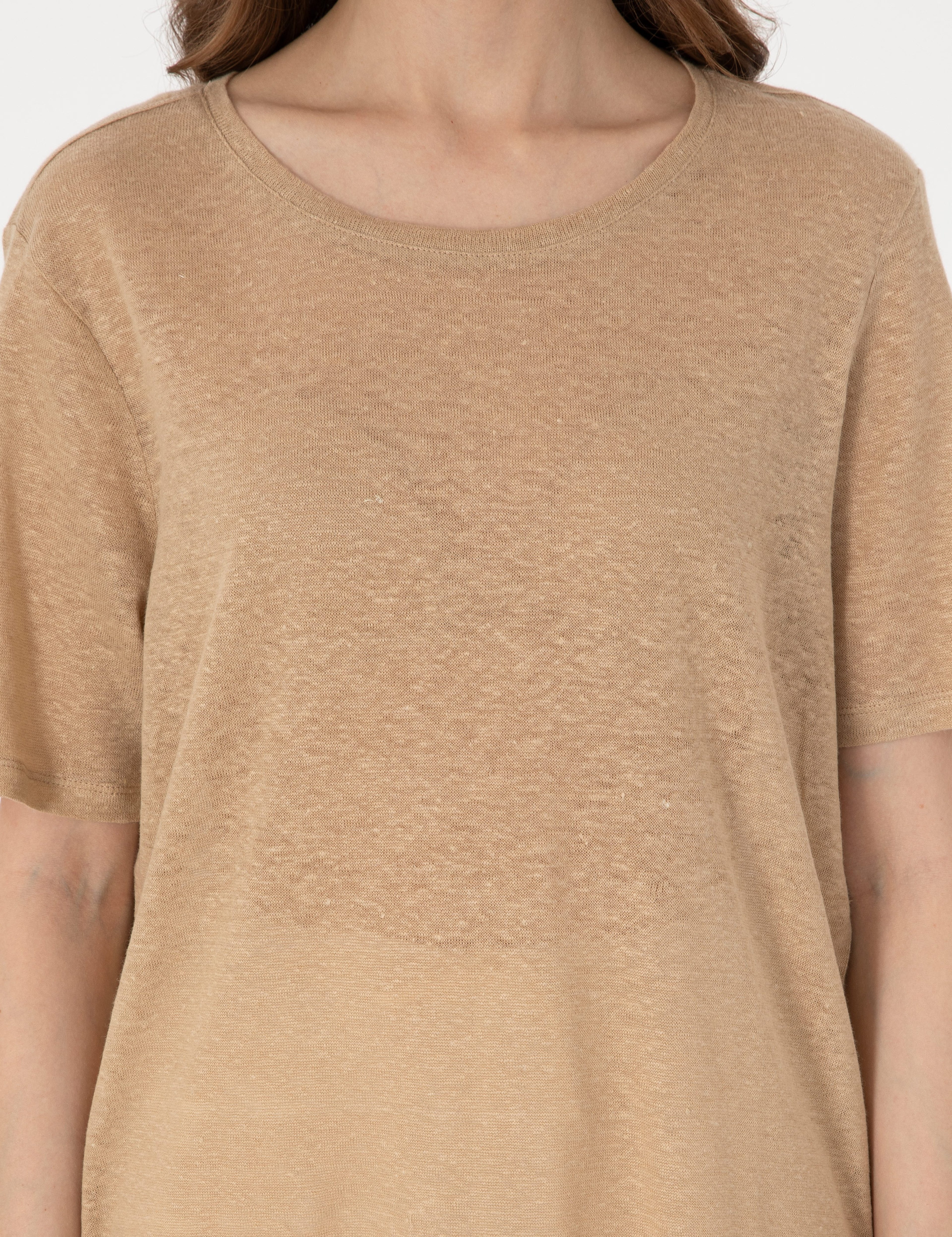 Bej Comfort Fit Keten Tişört - Image 6