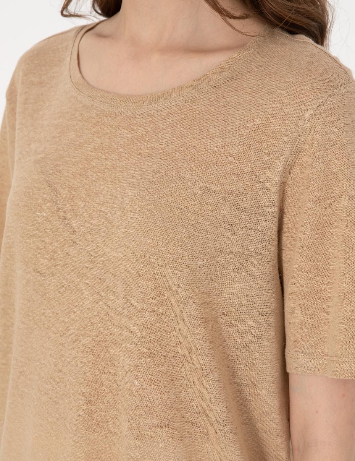 Bej Comfort Fit Keten Tişört - 50306229011