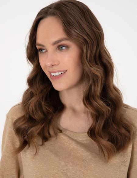 Bej Comfort Fit Keten Tişört - 50306229011