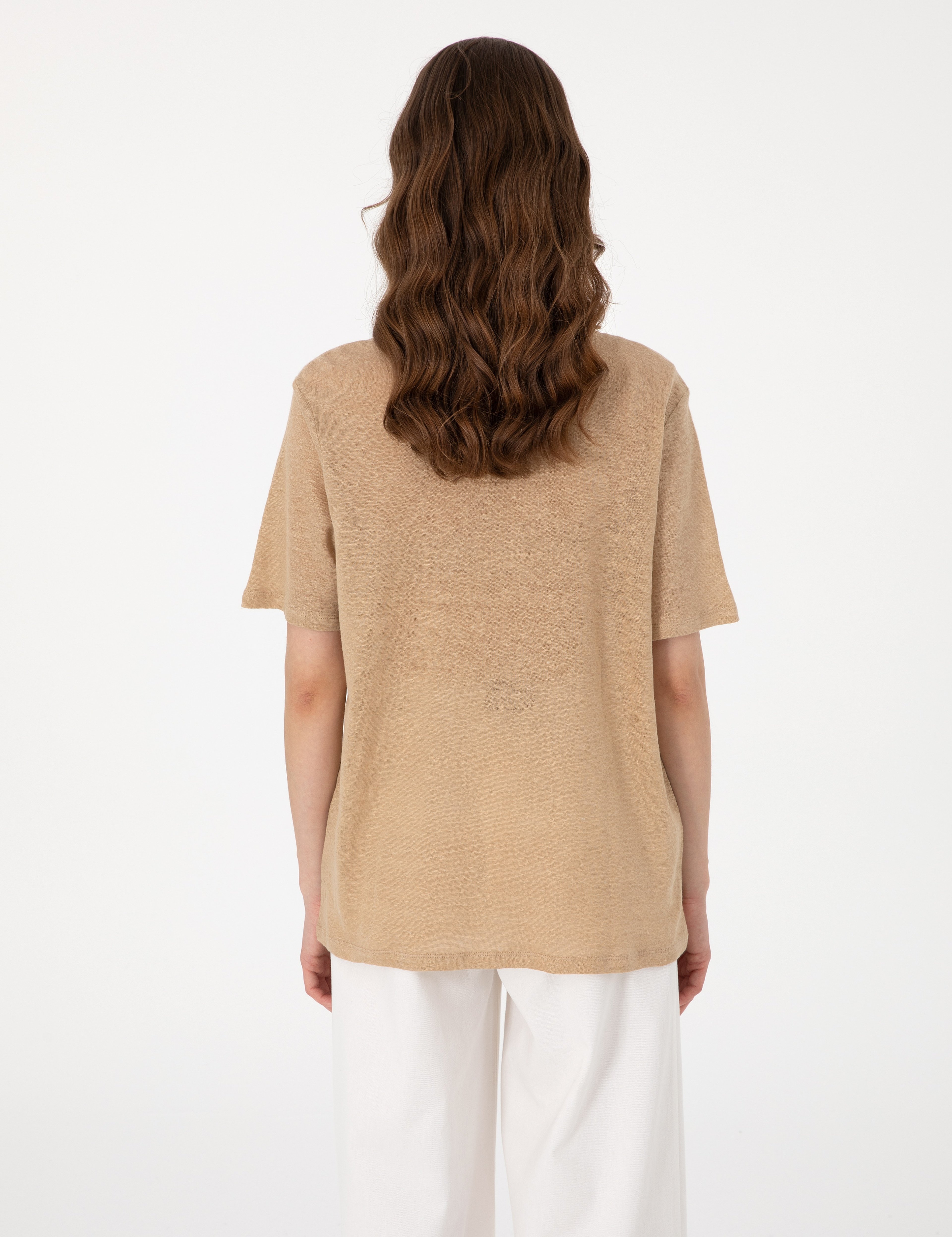 Bej Comfort Fit Keten Tişört - Image 5