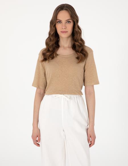 Bej Comfort Fit Keten Tişört - 50306229011