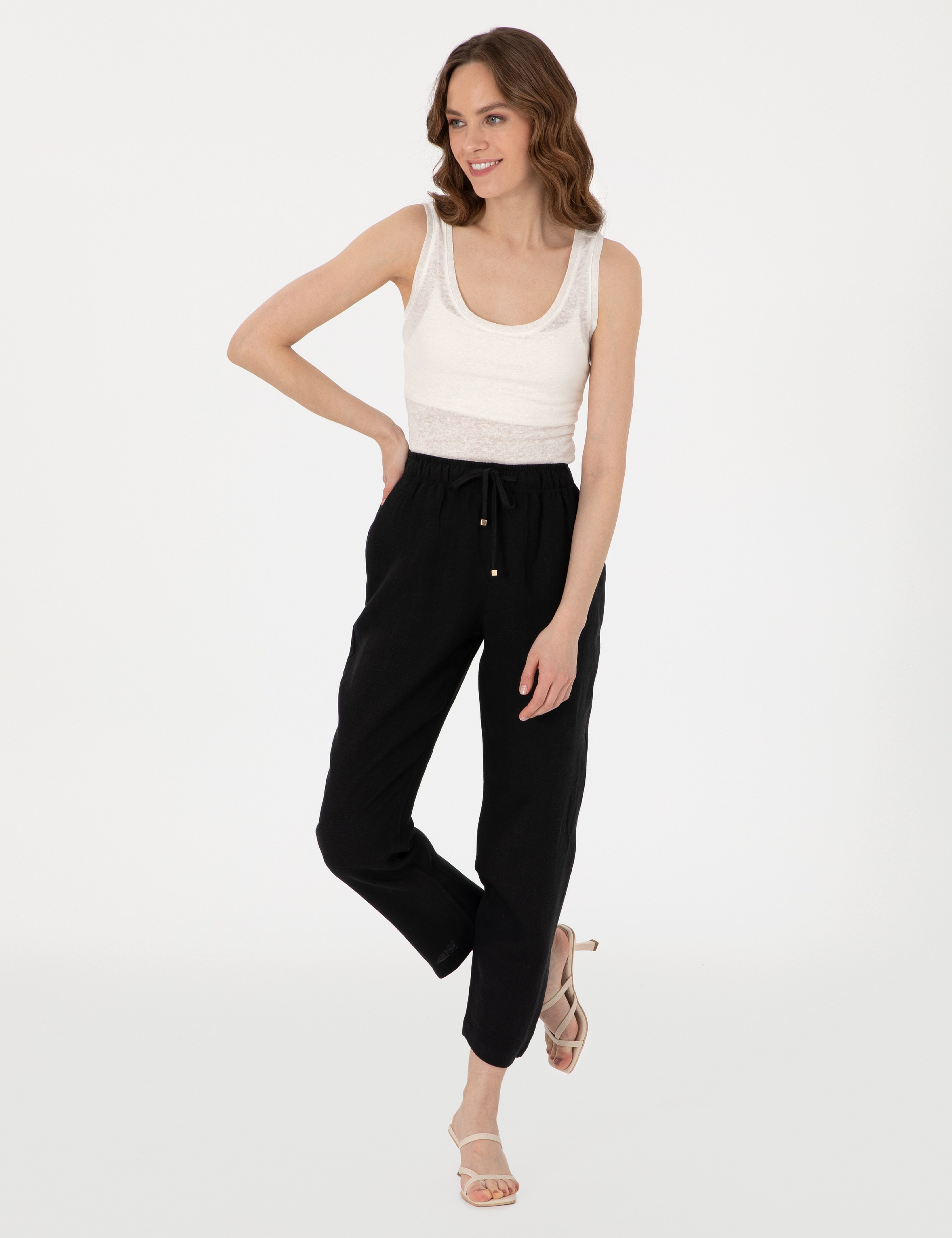 Siyah Carrot Fit Keten Pantolon