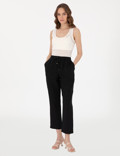 Siyah Carrot Fit Keten Pantolon