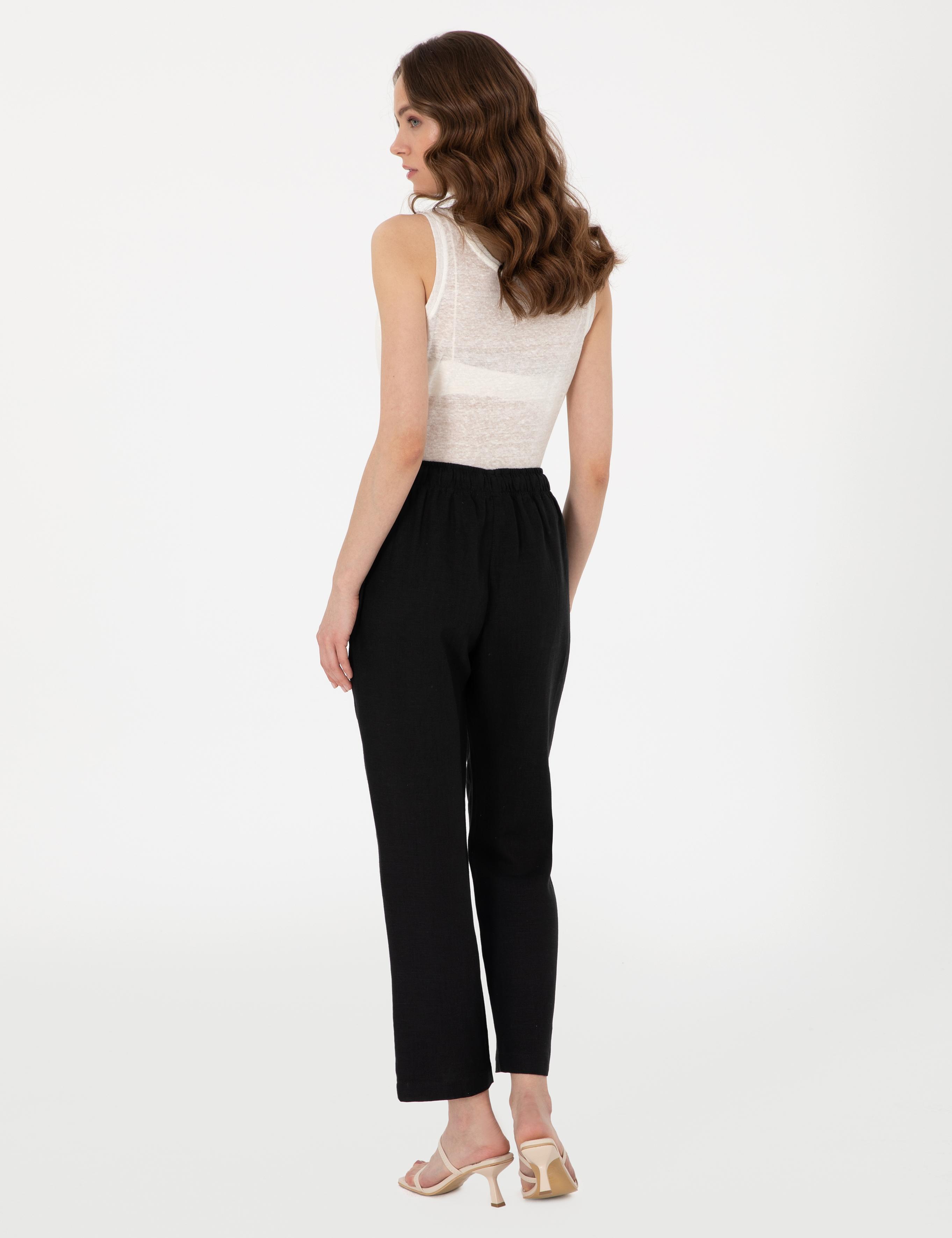 Siyah Carrot Fit Keten Pantolon