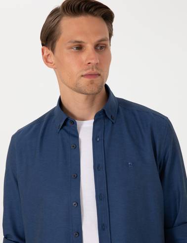 Lacivert Oxford Slim Fit Kolay Ütülenebilir Gömlek