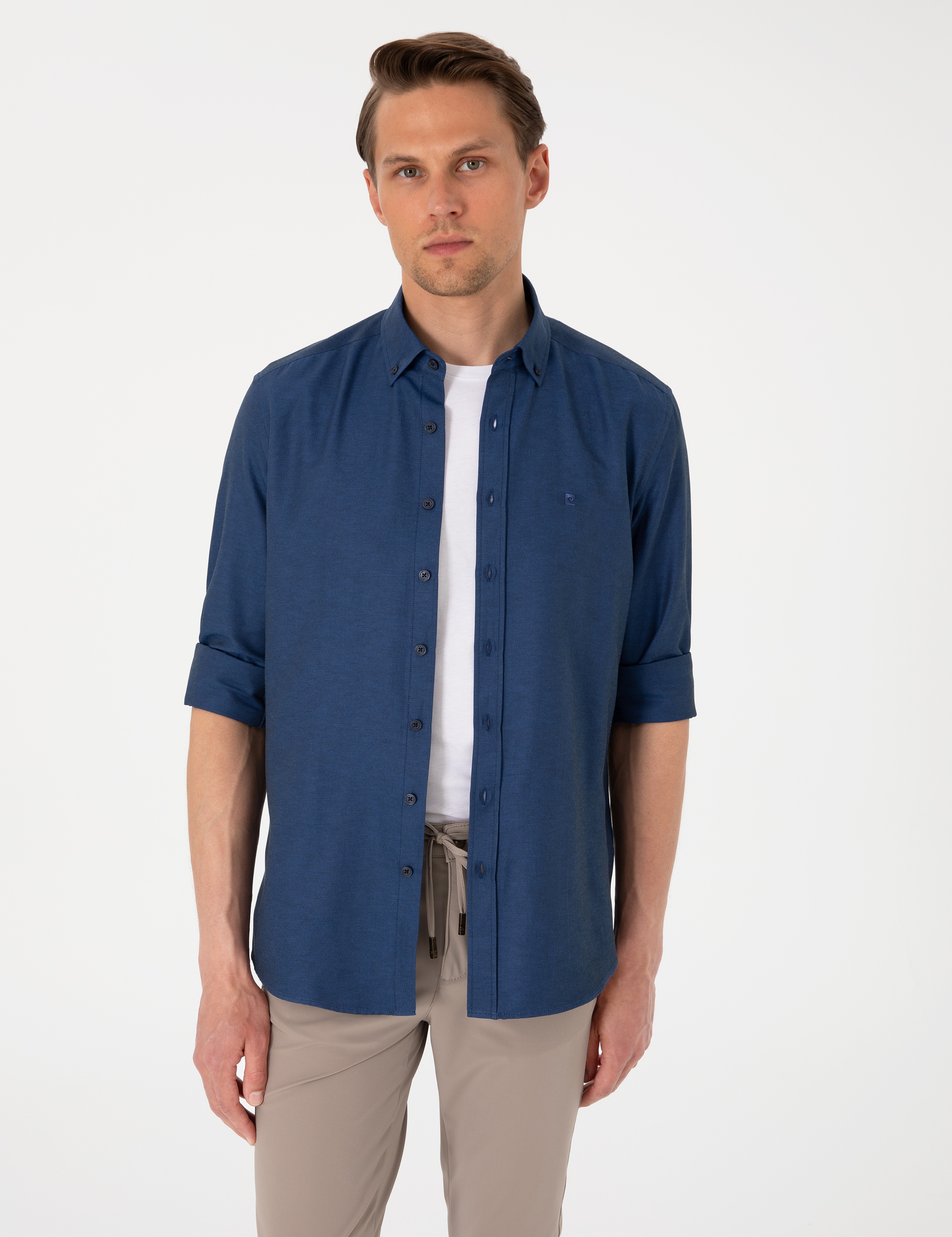 Lacivert Oxford Slim Fit Kolay Ütülenebilir Gömlek - Image 1