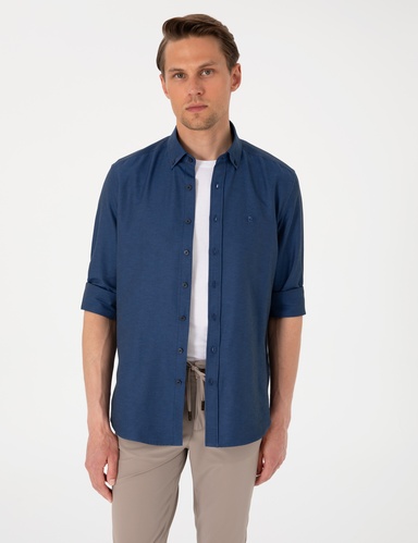 Lacivert Oxford Slim Fit Kolay Ütülenebilir Gömlek