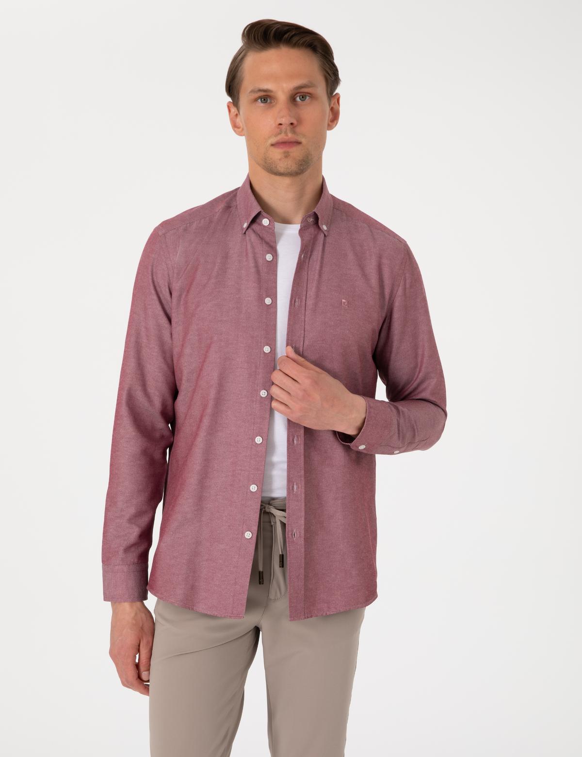 Bordo Oxford Slim Fit Kolay Ütülenebilir Gömlek - 50306996088