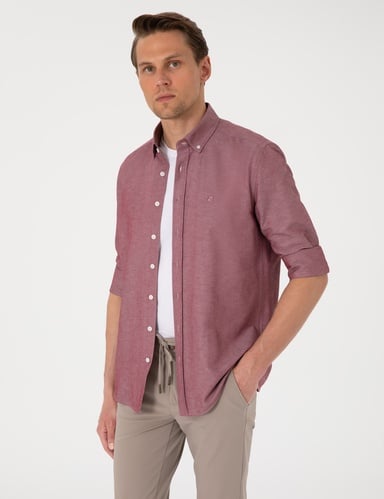 Bordo Oxford Slim Fit Kolay Ütülenebilir Gömlek