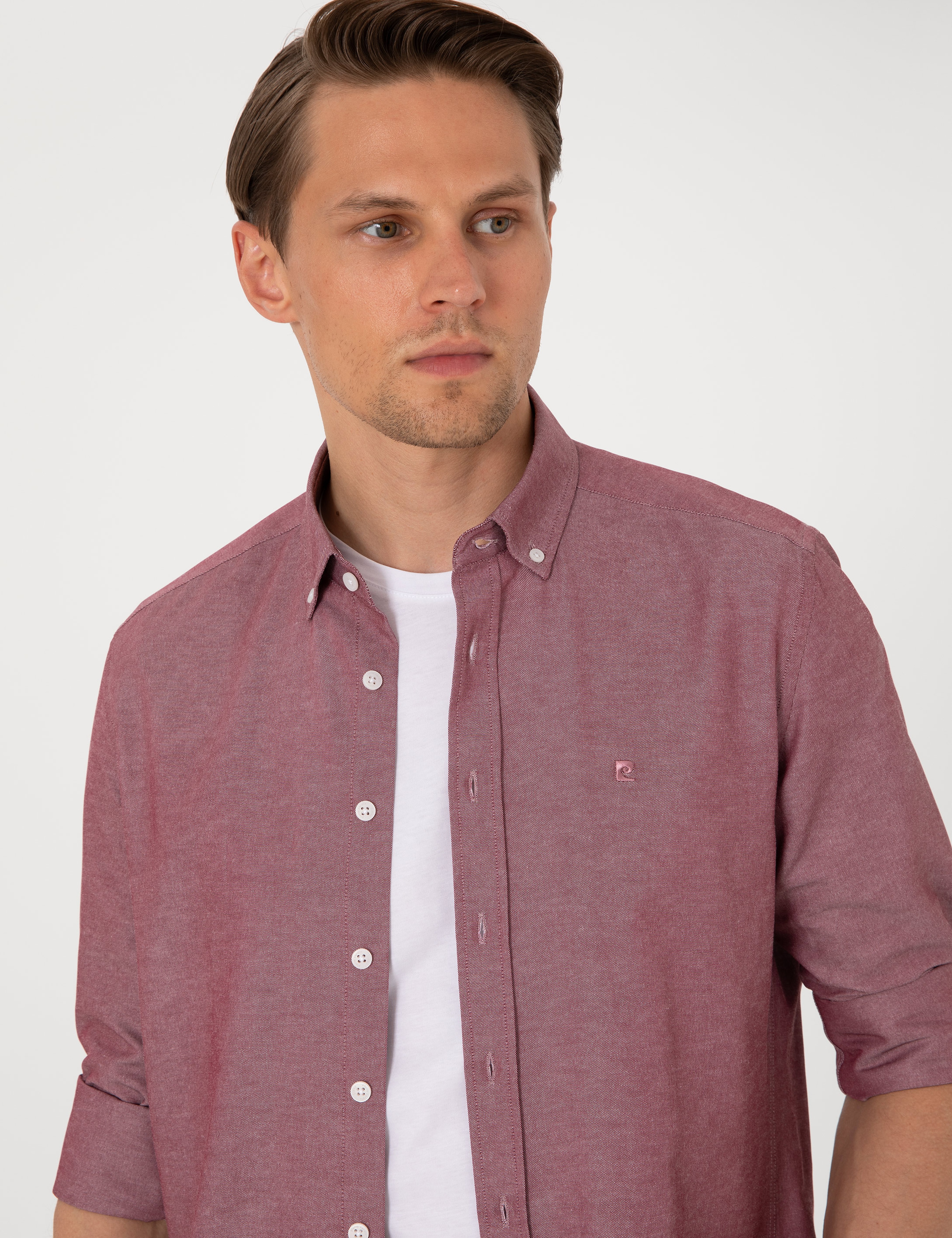 Bordo Oxford Slim Fit Kolay Ütülenebilir Gömlek - Image 2
