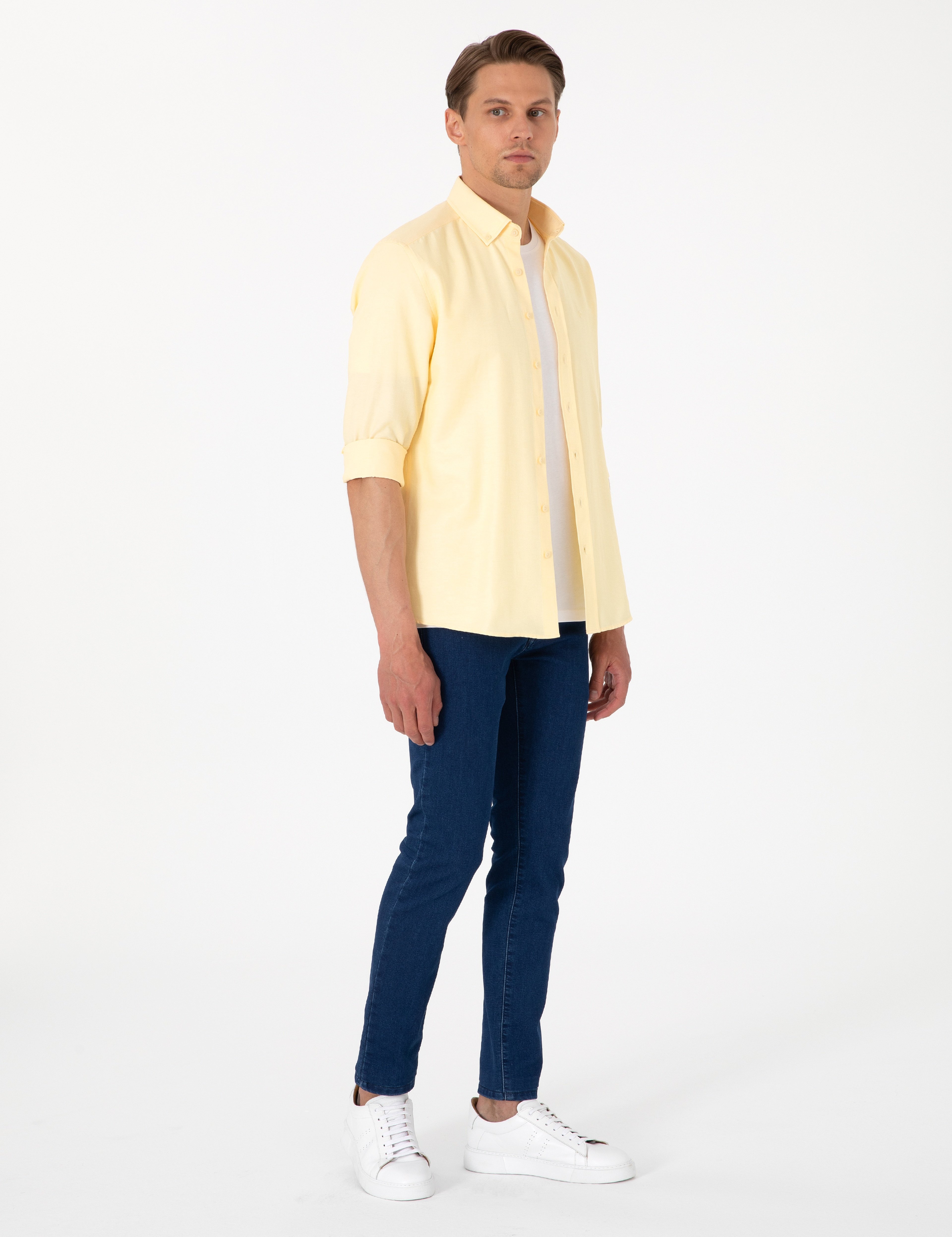 Sarı Oxford Slim Fit Kolay Ütülenebilir Gömlek - Image 4