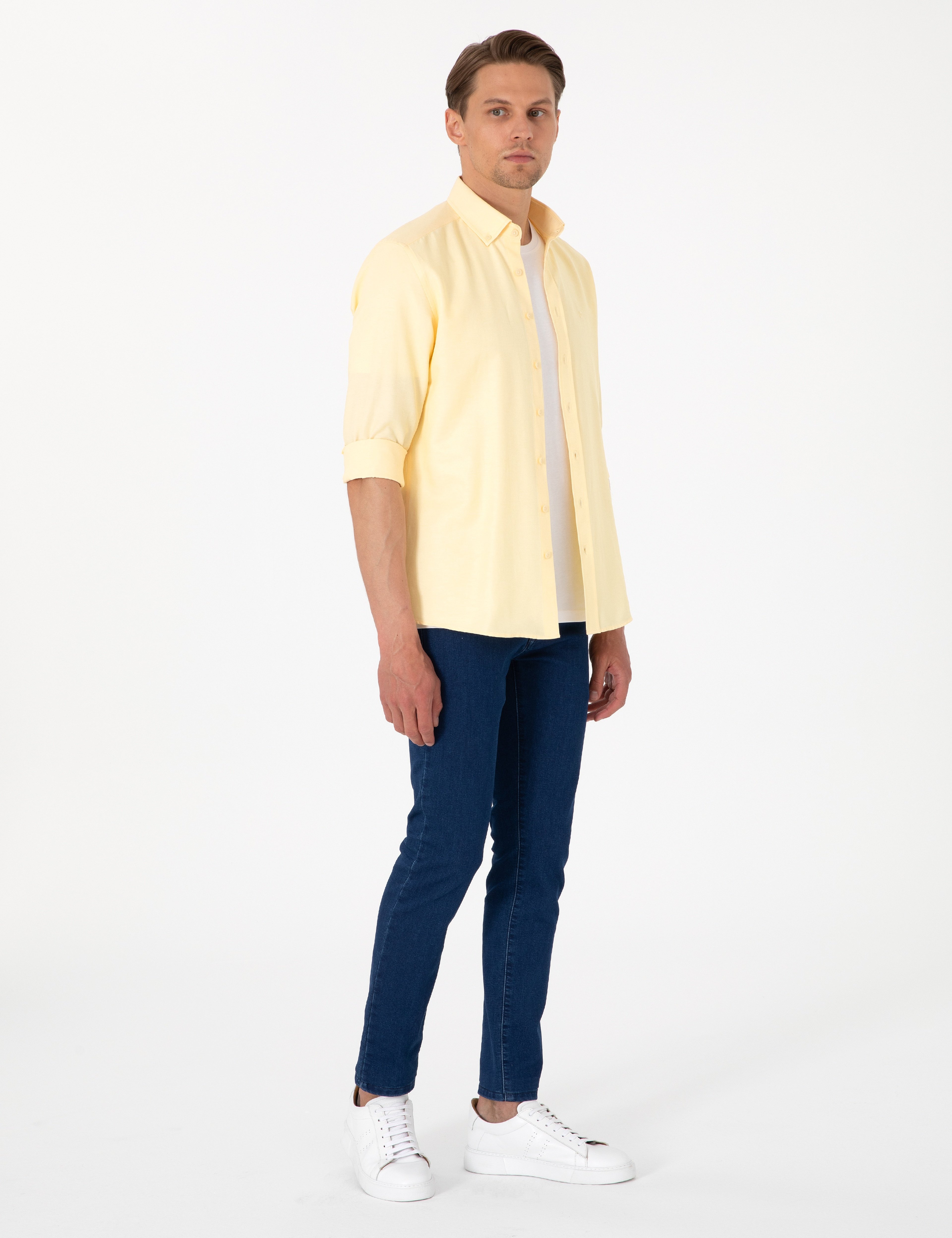 Sarı Oxford Slim Fit Kolay Ütülenebilir Gömlek