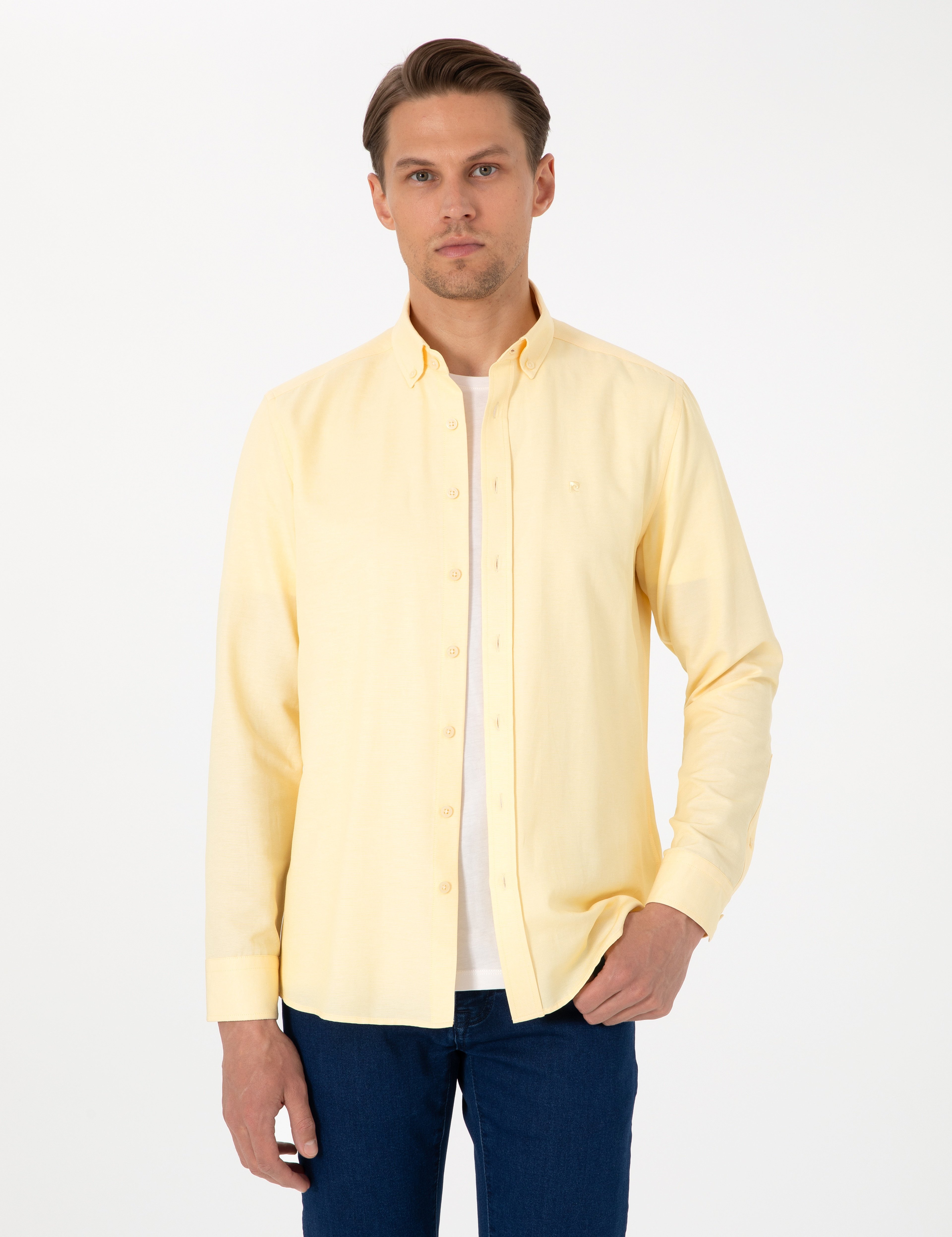 Sarı Oxford Slim Fit Kolay Ütülenebilir Gömlek - Image 1
