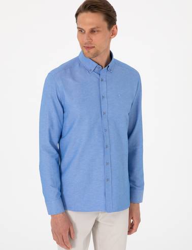 Mavi Oxford Slim Fit Kolay Ütülenebilir Gömlek