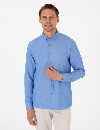 Mavi Oxford Slim Fit Kolay Ütülenebilir Gömlek