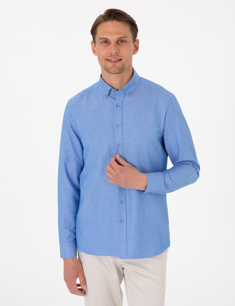 Mavi Oxford Slim Fit Kolay Ütülenebilir Gömlek
