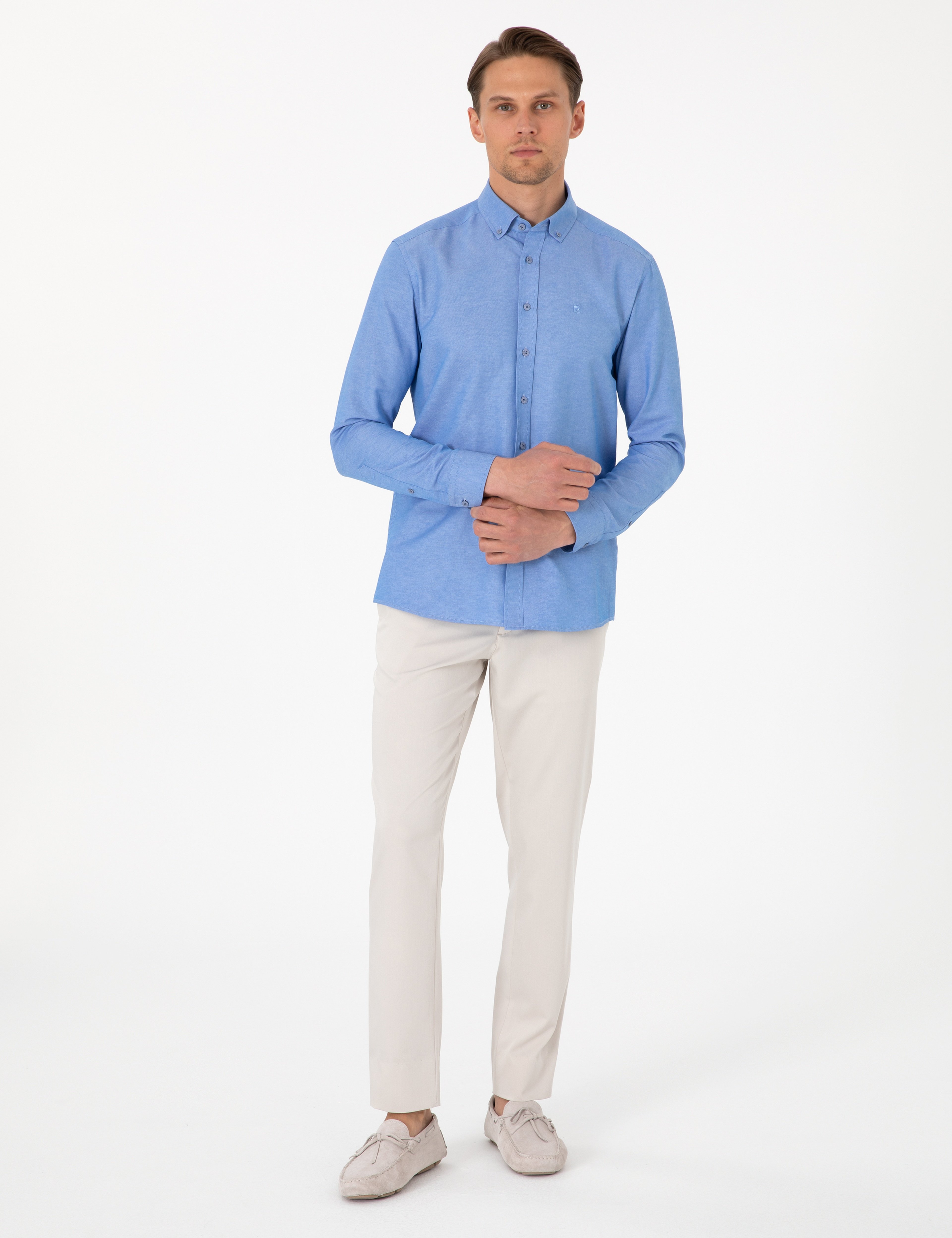 Mavi Oxford Slim Fit Kolay Ütülenebilir Gömlek - Image 4