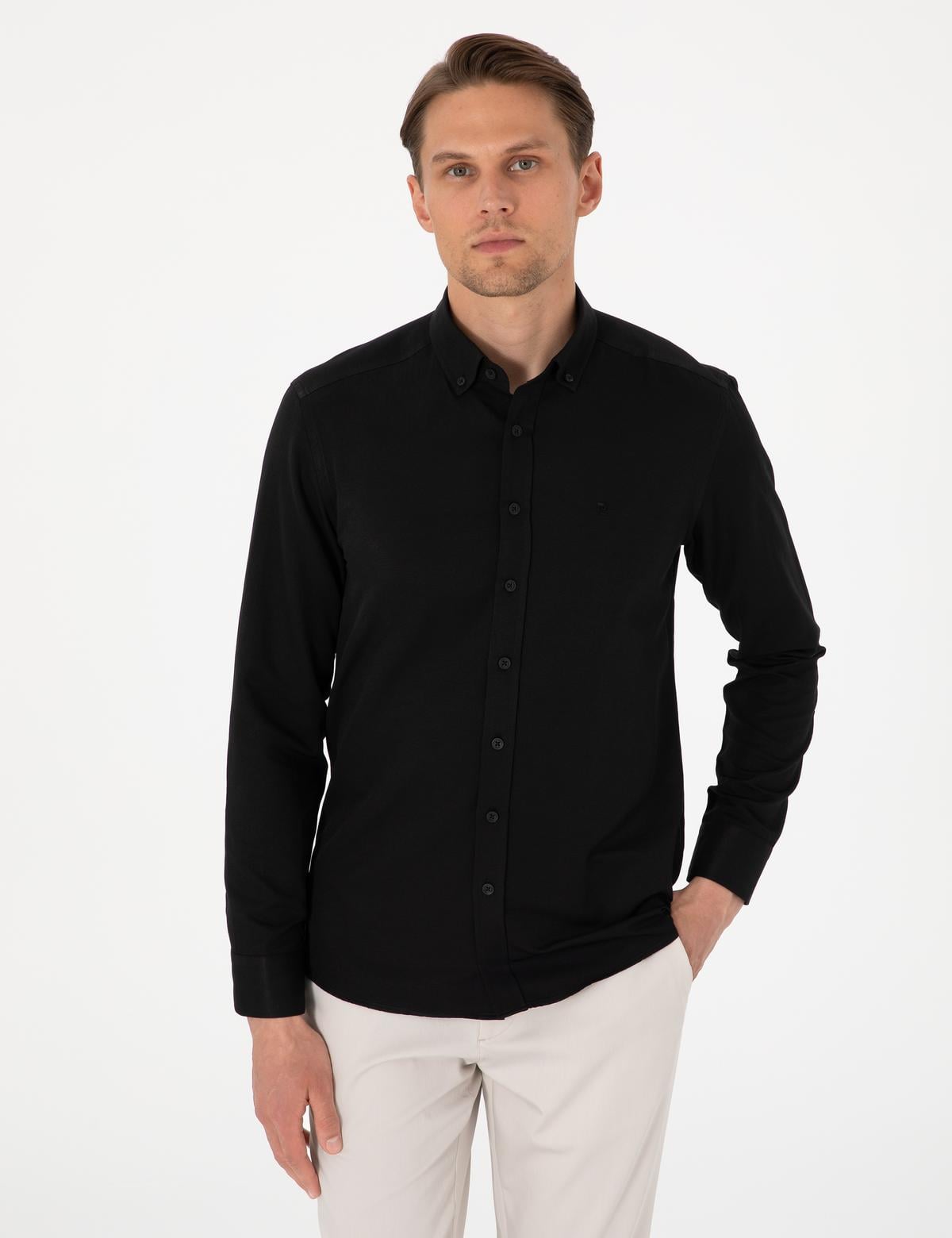 Siyah Oxford Slim Fit Kolay Ütülenebilir Gömlek