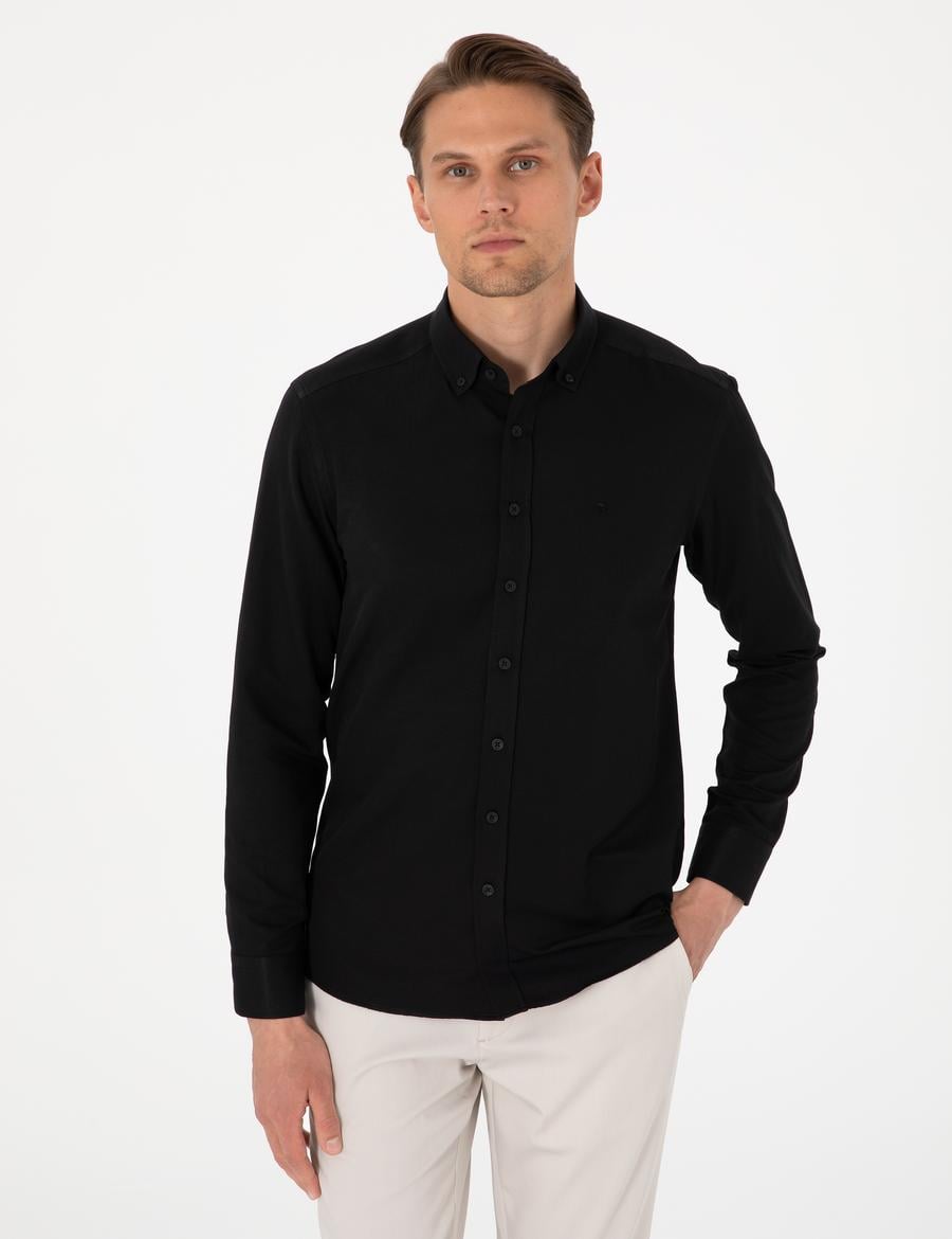 Siyah Oxford Slim Fit Kolay Ütülenebilir Gömlek