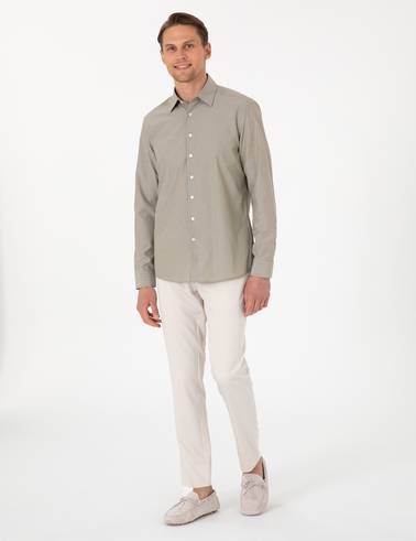 Haki Slim Fit Çizgili Uzun Kollu Gömlek