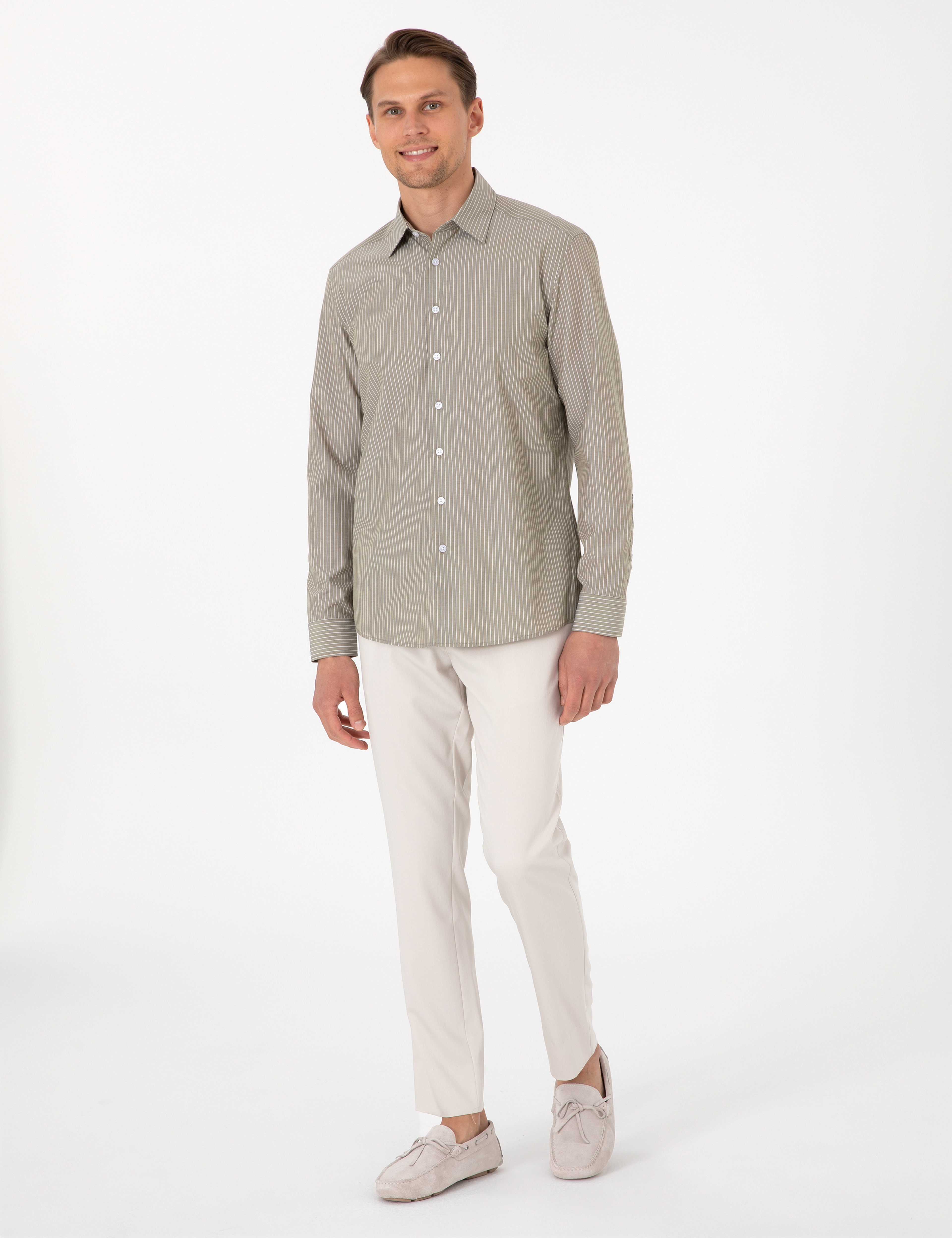 Haki Slim Fit Çizgili Uzun Kollu Gömlek