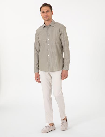 Haki Slim Fit Çizgili Uzun Kollu Gömlek - 50310777006