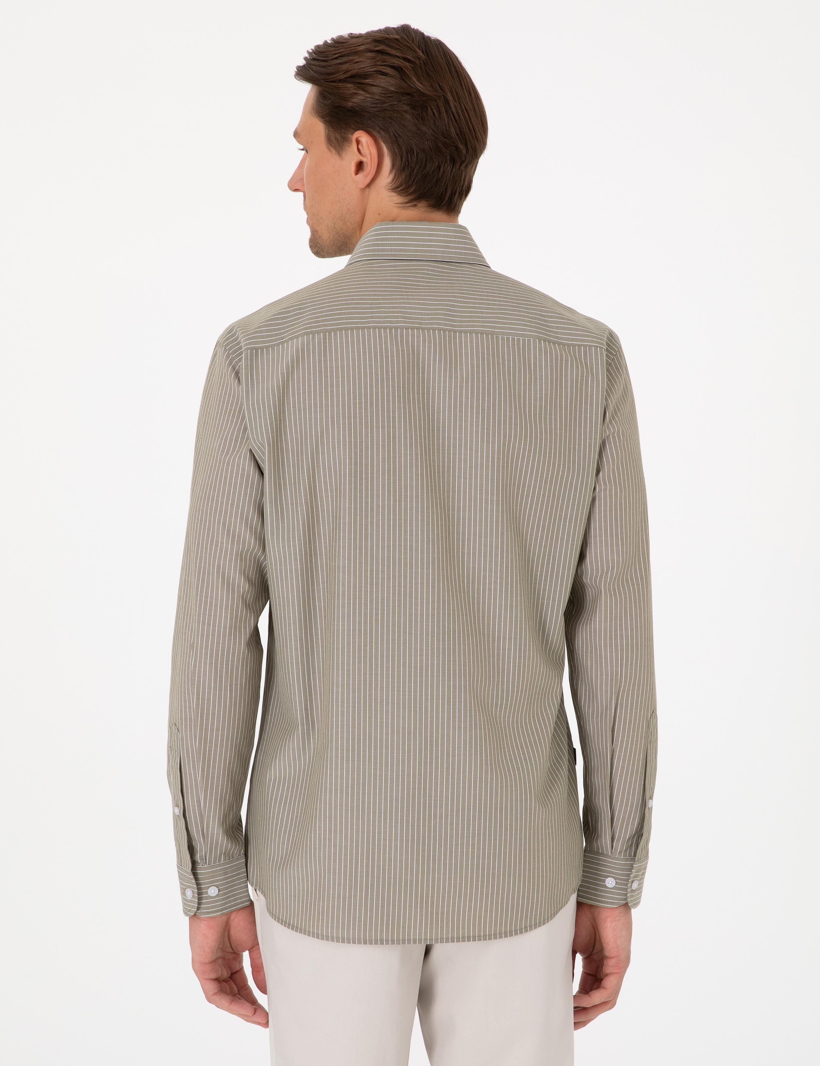 Haki Slim Fit Çizgili Uzun Kollu Gömlek